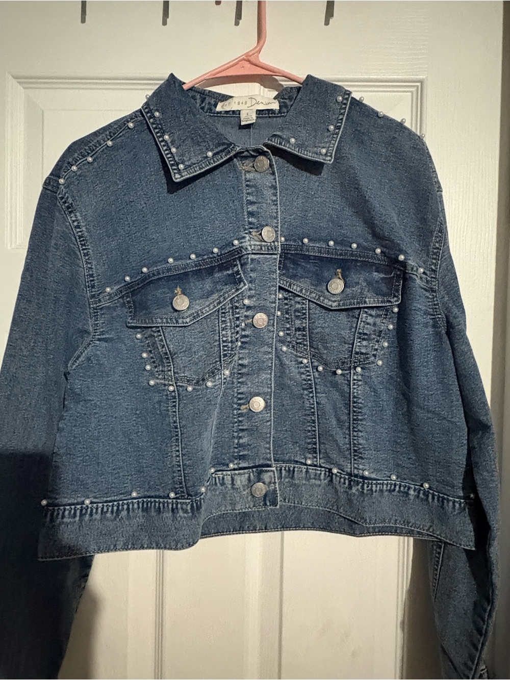Cato Dark Blue Denim Jacket with Pearl Studs